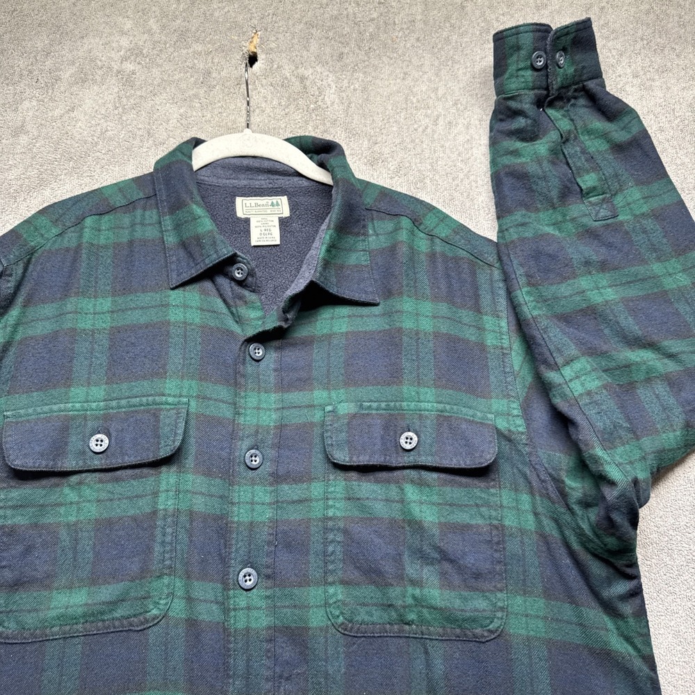 LL Bean Men's Fleece Lined Plaid Shirt Green‎ Blue Button Up Large